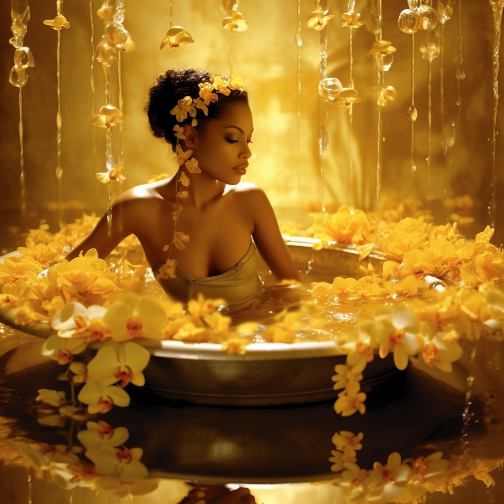 Goddess sitting in a bath surrounded by fragrant flowers